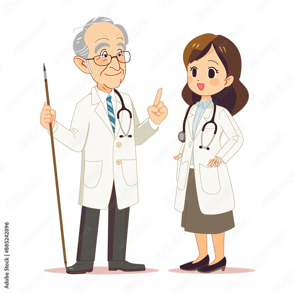 Illustration of an elderly male doctor with a pointing stick and a female doctor in a pointing pose, both emerging from the side, ideal for medical presentations, healthcare education Illustration of an elderly male doctor with a pointing stick and a female doctor in a pointing pose, both emerging from the side, ideal for medical presentations, healthcare education