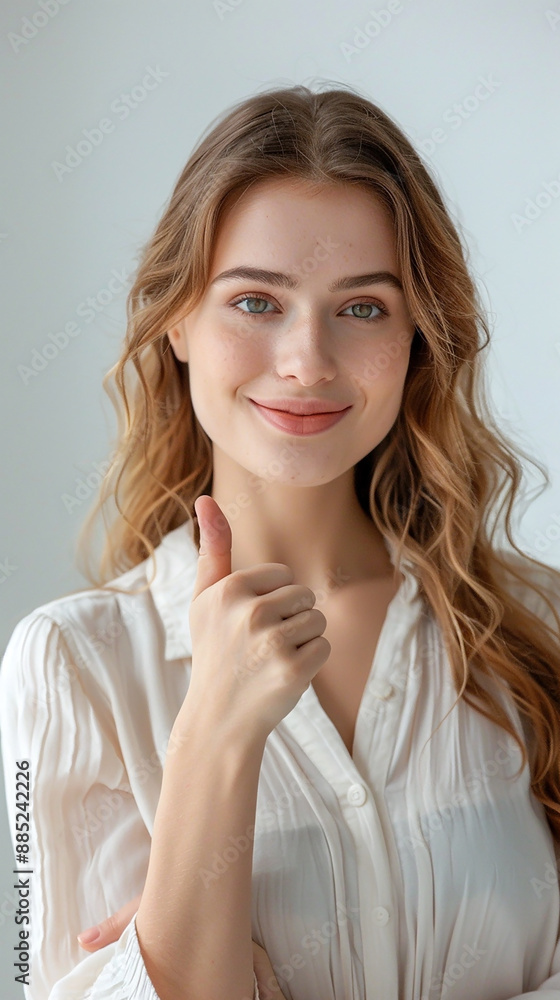 Wide horizontal background banner image of a cute young woman with happy smile in white background showing thumbs up with blank copy space Wide horizontal background banner image of a cute young woman with happy smile in white background showing thumbs up with blank copy space