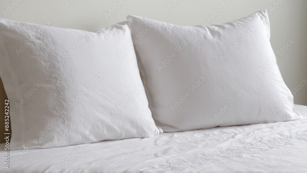 Obraz premium bed linen with white embroiderys is shown in full view,