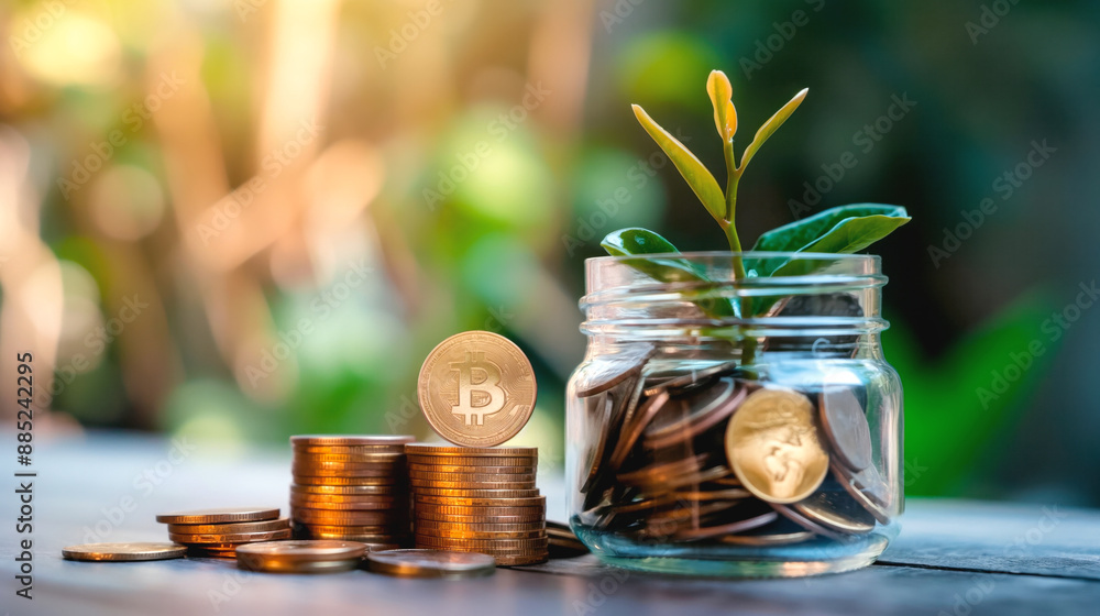 Stack of coins and a Bitcoin symbol coin next to a glass jar filled with coins and a small plant, symbolizing financial growth and investment. Stack of coins and a Bitcoin symbol coin next to a glass jar filled with coins and a small plant, symbolizing financial growth and investment.