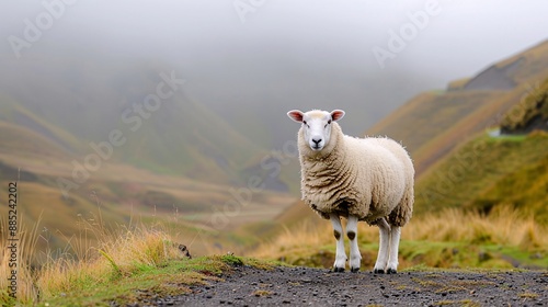 Sheep on a Foggy Mountain. photo