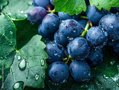 Wallpaper Mural Ripe grapes in droplets of water with green leaves. Neural network AI generated art Torontodigital.ca