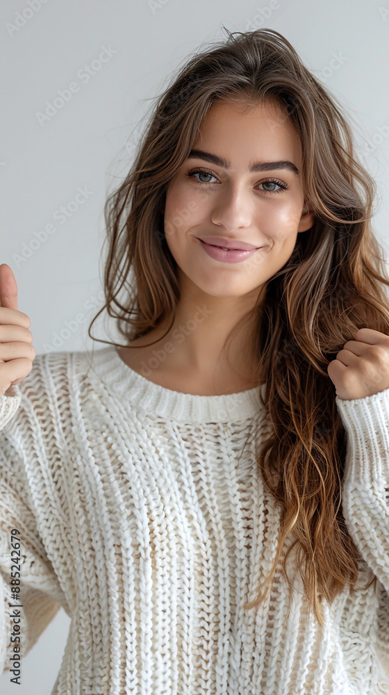 Wide horizontal background banner image of a cute young woman with happy smile in white background showing thumbs up with blank copy space Wide horizontal background banner image of a cute young woman with happy smile in white background showing thumbs up with blank copy space