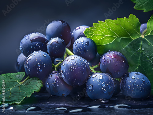 Wallpaper Mural Ripe grapes in droplets of water with green leaves. Neural network AI generated art Torontodigital.ca