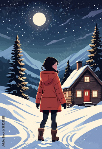 Winter Night's Embrace: A Lone Figure Stands in Awe of the Snowy Mountainside
