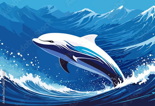 Whale Surfing in Blue Ocean Waves