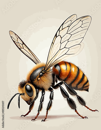 Vividly detailed illustration of a bee with intricate wing patterns and a close-up view of its legs and antennae