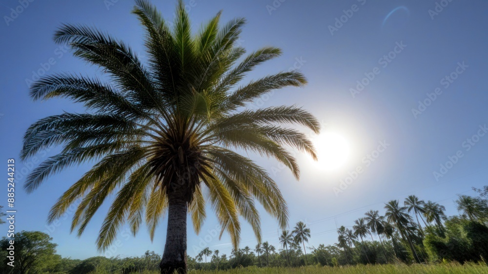 Obraz premium the sun shines down on palm trees, with blue skies behind,