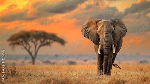 Elephant at Sunset in the African Savanna.