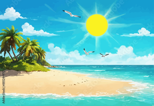Vibrant Beach Scene with Palm Trees, Sun, and Seagulls