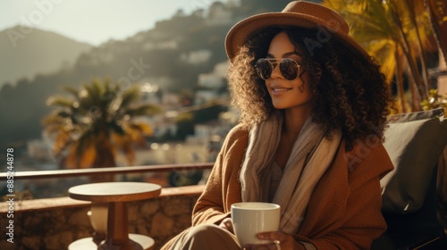 Stylish Woman Enjoying Morning Coffee on Sunny Terrace