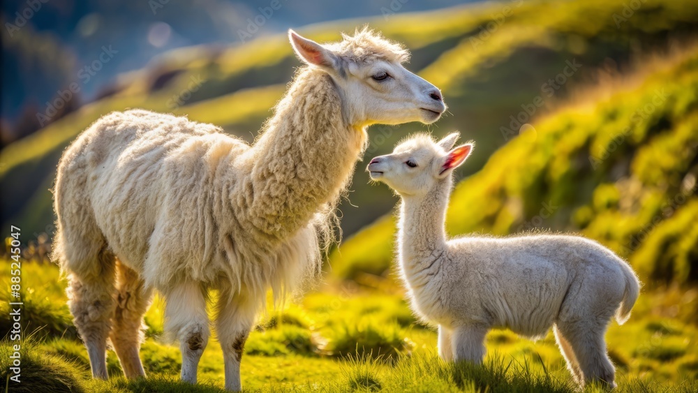Adorable white alpaca tenderly nuzzles its cute offspring in a serene, sun-kissed Andean highland meadow landscape. Adorable white alpaca tenderly nuzzles its cute offspring in a serene, sun-kissed Andean highland meadow landscape.