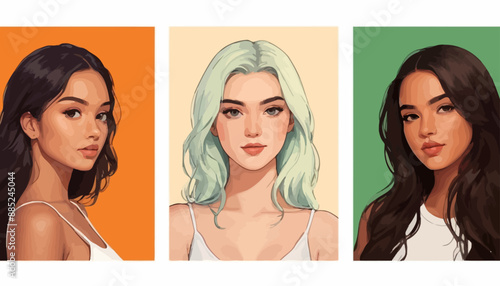 Three Portraits of Women with Different Hair Colors and Styles