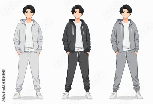 Three-part illustration of a young man in casual wear, standing in different poses, with a focus on his attire and posture.