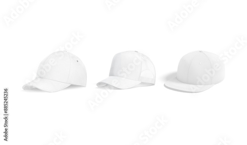 Blank white baseball and trucker hat mockup, half-turned view photo