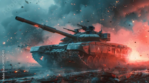 M1 Abrams tank driving over futuristic tech debris, cinematic, dramatic, heroic pose, low angle, ultra high quality