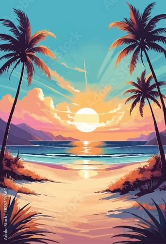Sunset at the Beach: Palm Trees and Ocean View