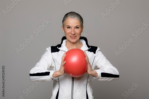 Smiling active senior woman holding red ball against gray background