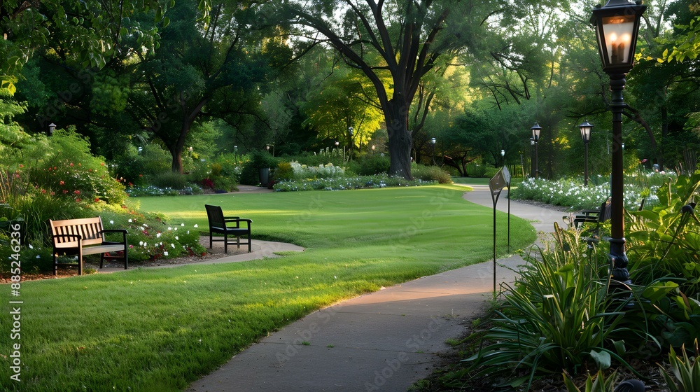 Fototapeta premium The park has a fresh lawn shady trees picture