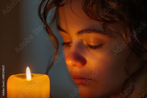 young girl in reverent prayer before glowing candle soft warm light illuminates face creating intimate spiritual moment photo