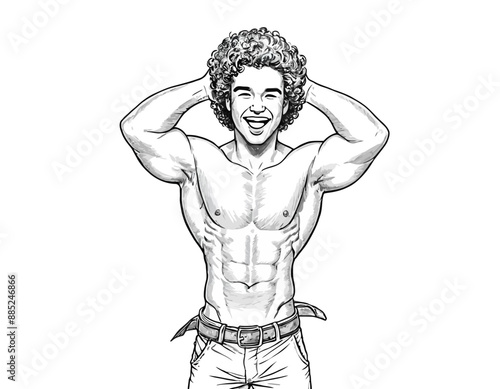 Smiling Man with Curly Hair and Muscular Build, Showing Off His Abs