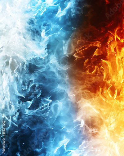 Hot versus cold theme with ice and fire background wallpaper in fantasy art style. Ultra-realistic, hyper-detailed with cinematic look, light, and high-resolution photography.