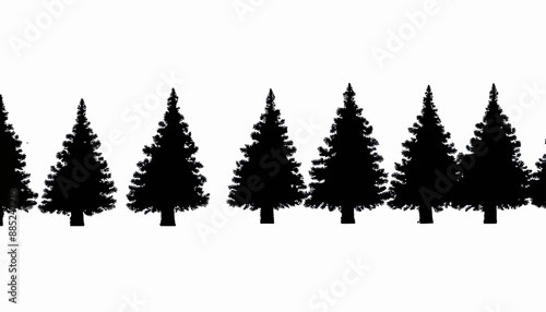 Silhouette of a row of pine trees against a white background