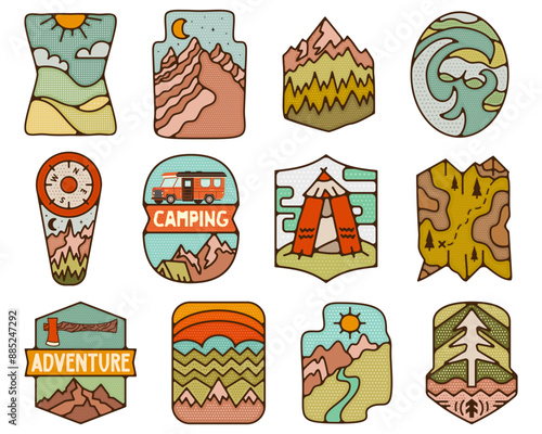 Outdoor adventure badges set. Camping adventure labels in retro flat style. Mountain logo graphics for t-shirt. Stock vector colorful artwork design