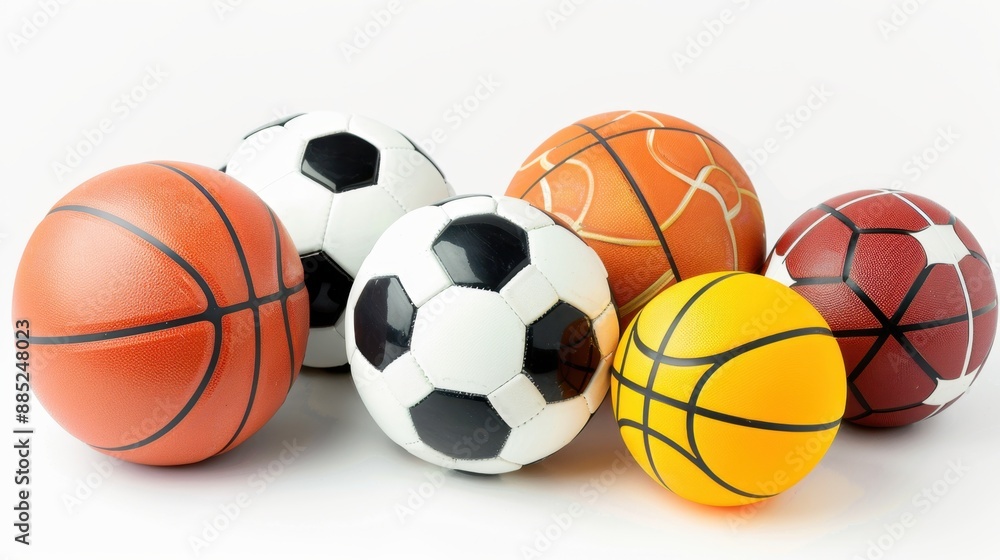 Various sports balls, including soccer, basketball, and volleyball, arranged in a visually appealing composition. Isolate white background Various sports balls, including soccer, basketball, and volleyball, arranged in a visually appealing composition. Isolate white background