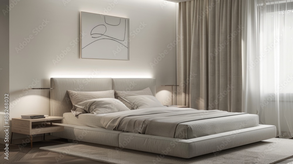 An elegant minimalist bedroom with a king-sized bed, light grey bedding, and a single piece of modern art on the wall, with soft, diffused lighting. An elegant minimalist bedroom with a king-sized bed, light grey bedding, and a single piece of modern art on the wall, with soft, diffused lighting.