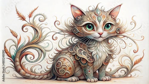Whimsical illustration of a fantastical feline creature with a sly smile, intricate lines, and delicate curves on a white background.