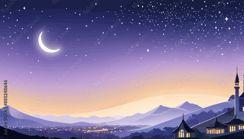 Fototapeta premium Night Sky View of a Cityscape with a Moon and Mountains