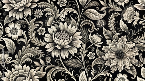 Wallpaper Mural Elegant textured black and white seamless floral pattern background featuring intricate ornate botanical elements in classic monochrome design. Torontodigital.ca