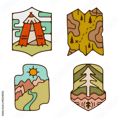 Outdoor adventure badges collection. Camping adventure labels in retro flat style. Mountain logo graphics for t-shirt. Stock vector colorful artwork design with tent photo