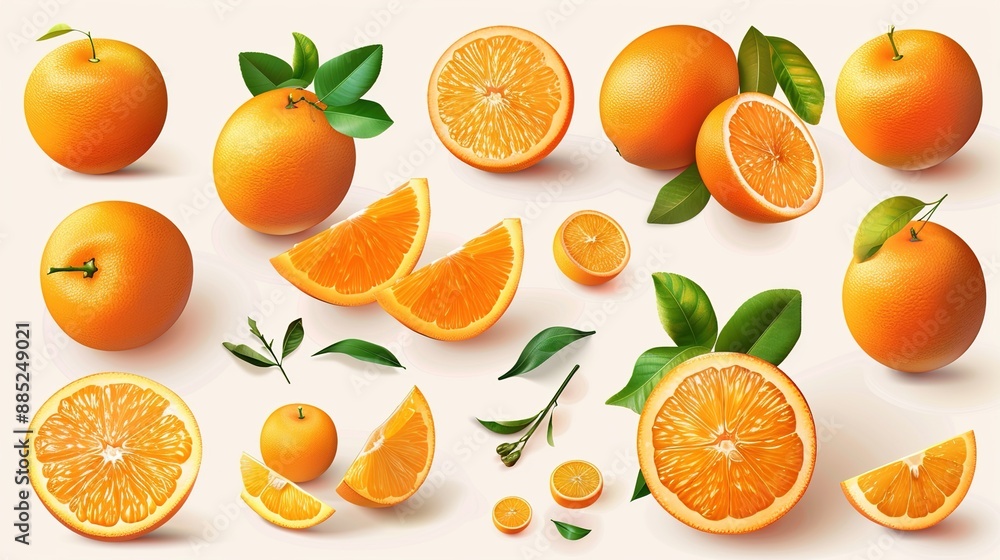 Orange oranges fruit, many angles and view side top sliced halved cut isolated on transparent background cutout, PNG file.illustration Orange oranges fruit, many angles and view side top sliced halved cut isolated on transparent background cutout, PNG file.illustration
