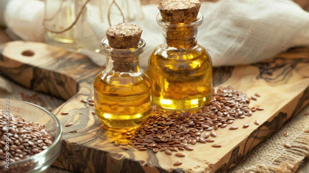 Flaxseed oil bottles with seeds. Natural health super food Flaxseed oil bottles with seeds. Natural health super food