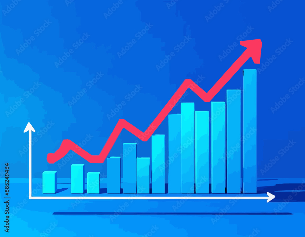 Growing Trend: Blue Bar Chart with Red Arrow Indicating Upward Growth Growing Trend: Blue Bar Chart with Red Arrow Indicating Upward Growth