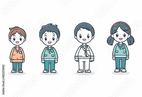 Four cartoon characters, each with distinct hairstyles and outfits, standing side by side, smiling and looking forward