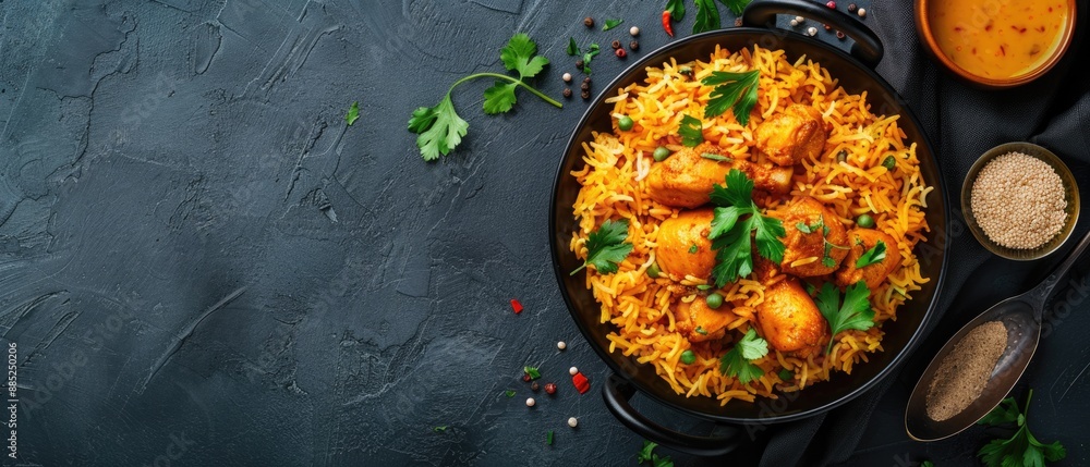 Biryani rice, fragrant spices, tender chicken, showcasing traditional Indian feast copy space, theme on celebration, vibrant, manipulation, festive table backdrop Biryani rice, fragrant spices, tender chicken, showcasing traditional Indian feast copy space, theme on celebration, vibrant, manipulation, festive table backdrop
