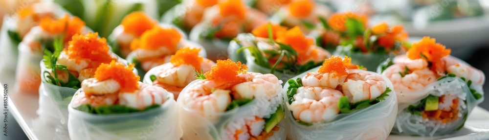 Fresh spring rolls, crisp vegetables, juicy shrimp, capturing Vietnamese appetizers selective focus, theme on freshness, ethereal, composite, garden party backdrop Fresh spring rolls, crisp vegetables, juicy shrimp, capturing Vietnamese appetizers selective focus, theme on freshness, ethereal, composite, garden party backdrop