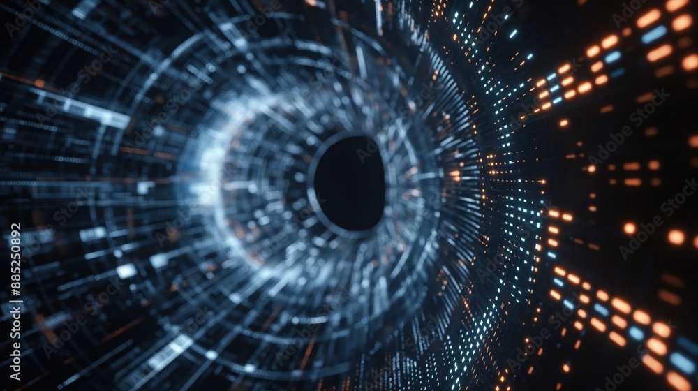 Obraz premium Abstract digital tunnel with glowing blue and orange lights, representing a futuristic or technological concept