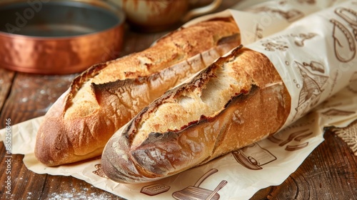French baguettes wrapped with paper on the table
