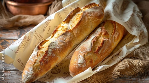 French baguettes wrapped with paper on the table