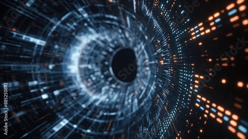 Abstract digital tunnel with glowing blue and orange lights, representing a futuristic or technological concept