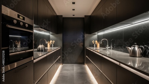 A long narrow kitchen with black counter tops and stainless steel appliances, AI