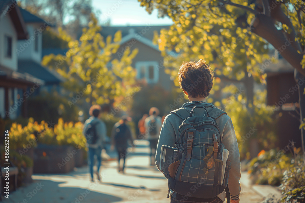 Obraz premium A young man wearing a backpack walks down a sidewalk with other people