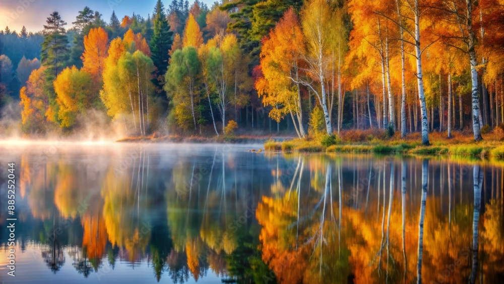 Serene misty morning in autumn forest with tall birch trees and colorful foliage reflecting in calm misty lake water surface. Serene misty morning in autumn forest with tall birch trees and colorful foliage reflecting in calm misty lake water surface.
