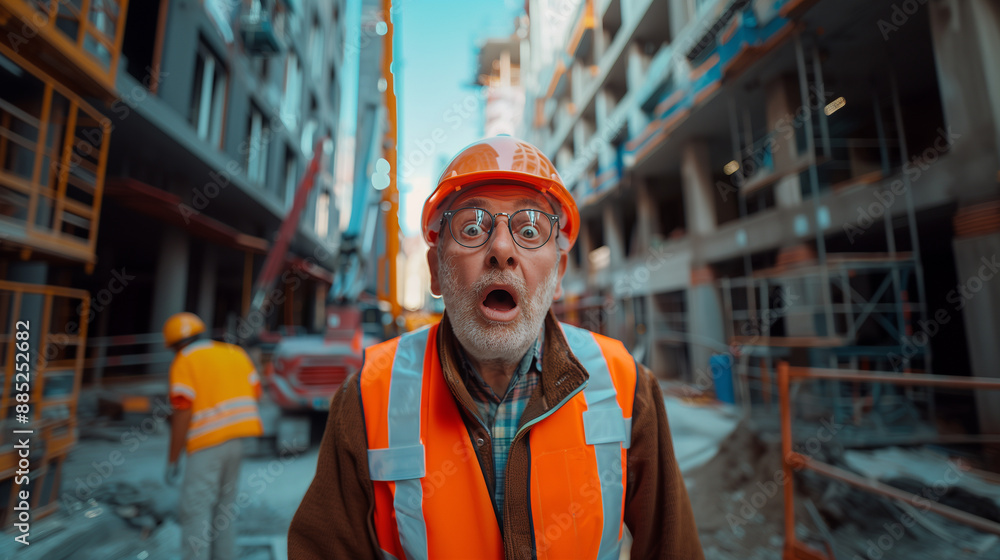 Portrait of a surprised master or worker. Construction site background. Construction site manager wearing a hard hat and safety vest. The surprised manager looks at the camera. AI generative Portrait of a surprised master or worker. Construction site background. Construction site manager wearing a hard hat and safety vest. The surprised manager looks at the camera. AI generative