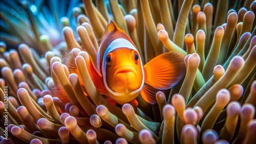 Vibrant orange clownfish hides among wavy translucent tentacles of a giant sea anemone in a coral reef underwater scene. © DigitalArt Max