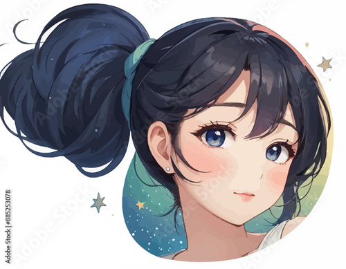 Charming Anime Character with Blue Hair and Stars in the Background